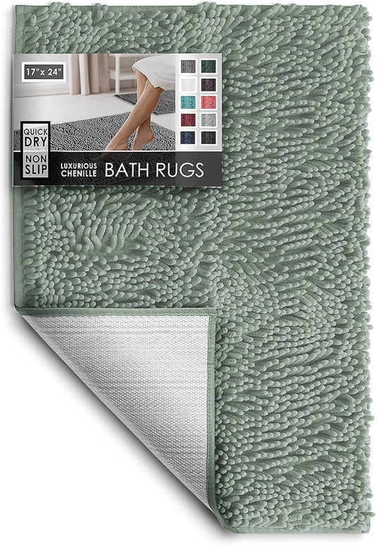 Hearth & Harbor Bathroom Rugs, Chenille Bath Mat - Machine Washable Bath Mats for Bathroom Non-Slip Backing Rubber, Quick Dry Bathroom Mat, 17 x 24 - Ice Green