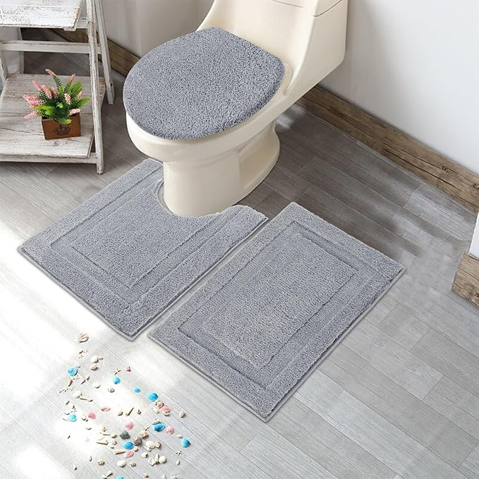 SHACOS Microfiber Bathroom Rugs Set of 3 Pieces | Small Bath Mats 16"x24" with Toilet Lid Cover U Shaped Toilet Rug Fluffy Plush Non Slip Washable Carpet(Light Grey)