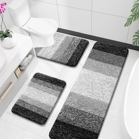 OLANLY Microfiber Bathroom Rugs Sets 3 Piece, 59"x20"+24"x16"+24"x20" | Black, Soft Absorbent Bath Mats and U-Shaped Contour Toilet Rug, Plush Shaggy Bath Mat Set for Bathroom