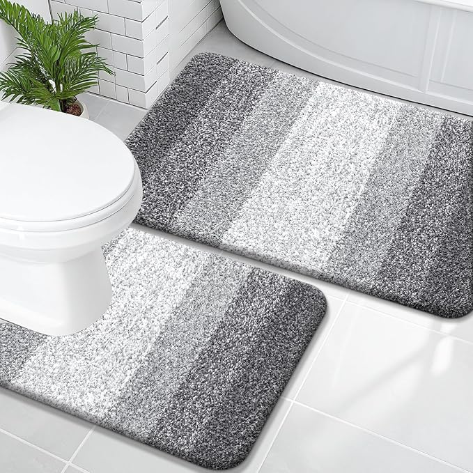 OLANLY Micorfiber Bathroom Rug Set 2 Piece, 36"x24"+U-Shaped 24"x20" | Grey, Soft Absorbent Bath Mats and Contour Toilet Rug, Non-Slip, Machine Wash Dry, Plush Shaggy Bath Mats for Bathroom