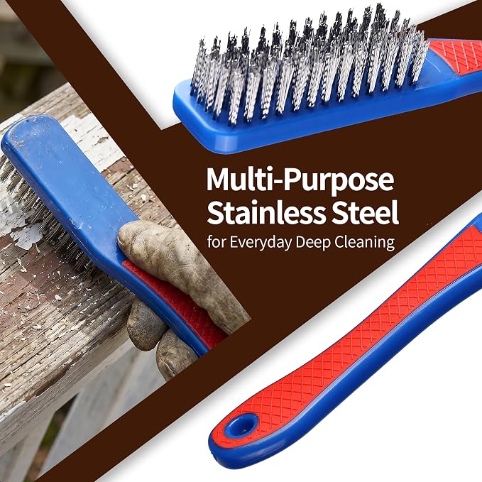 8Pcs Wire Brush Set for Cleaning Rust - Heavy Duty Scratch Brushes with Stainless Steel, Brass, Nylon Bristles and 2 Metal Scrapers, Professional Cleaning Tools for Metal, Slag, Paint and Grill