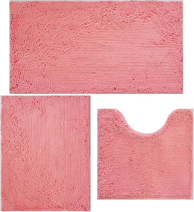 Valentine's Day Bathroom Rugs Chenille Bath mat 3 Piece Set, Super Absorbent, Strong PVC Non Slip, Bath mats for Bathroom, Plush Shaggy, Thick, Machine Washable, Bathtub, Shower, Toilet, Pink