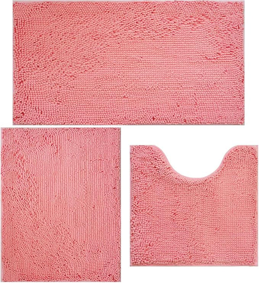 Valentine's Day Bathroom Rugs Chenille Bath mat 3 Piece Set, Super Absorbent, Strong PVC Non Slip, Bath mats for Bathroom, Plush Shaggy, Thick, Machine Washable, Bathtub, Shower, Toilet, Pink