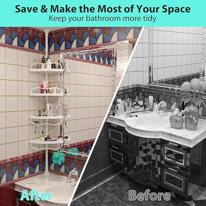 Shower Caddy Tension Pole with 4 ABS Baskets,Shower Storage Shelf with 56 to 125 Inch Adjustable Stainless Pole for Bathroom White