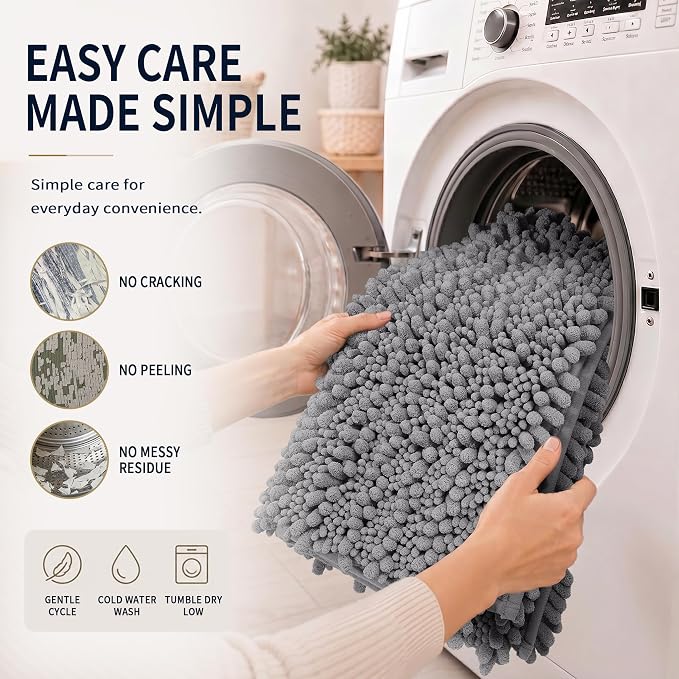 Yimobra Bathroom Rug Set 3 Piece, Super Water Absorbent Bath Mat Set, Grey | Quick Dry Soft Chenille Bath Rugs & Toilet Rug, Non Slip Machine Washable, Extra Thick Shaggy Floor Mat for Shower Tub Sink