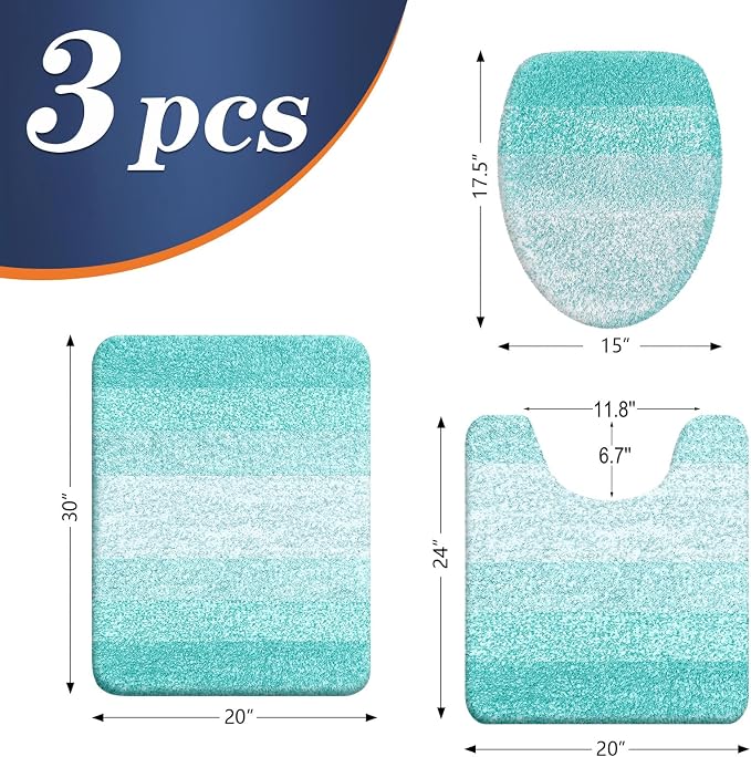 OLANLY Bathroom Rugs Sets 3 piece, Soft Microfiber Absorbent Bath Mat, U-Shaped Contour Toilet Mat and Toilet Lid Cover, Quick Dry, Machine Washable, Toilet Cover and Rug Set for Bathroom, Teal