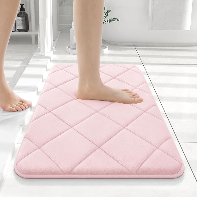 OLANLY Memory Foam Bath Mat 24x16, Ultra Soft and Absorbent Bathroom Rugs | Pink, Quick Dry, Machine Washable Shower Bath Rugs, Comfortable Bath Carpet for Bathroom Floor, Tub and Shower
