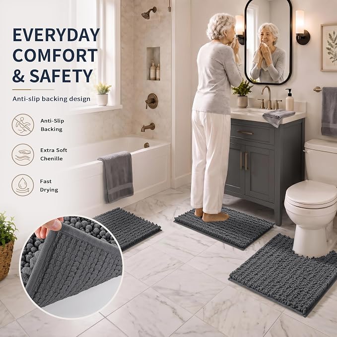 Yimobra Bathroom Rug Set 3 Piece, Super Absorbent Bath Mat Set, Dark Gray | Quick Dry Soft Chenille Bath Rugs & Toilet Rug, Non Slip Machine Washable, Extra Thick Shaggy Floor Mat for Shower Tub Sink