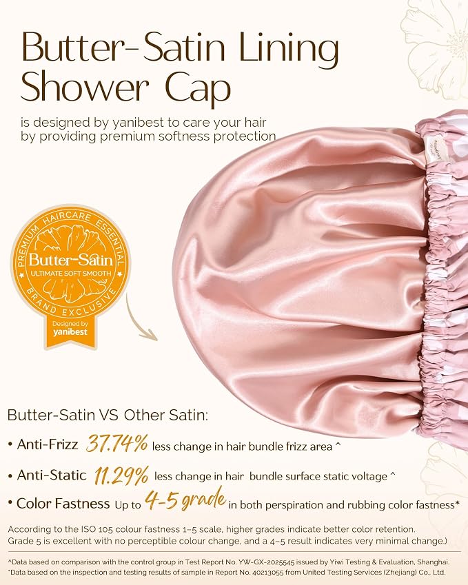 Yanibest Satin Lined Shower Cap, Shower Caps for Women Reusable Waterproof | Frizz Free & Large Durable Bath Cap with Soft Elastic Band, Luxury Hair Protection Caps, Nylon Shower Hair Cap