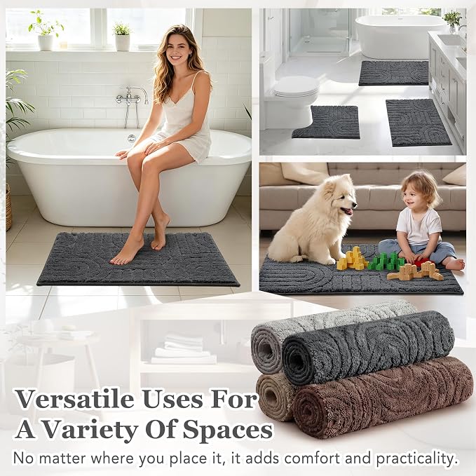 Homcomoda Bathroom Rugs Sets 3 Piece, Soft Absorbent Microfiber Bath Mats and U-Shaped Contour Toilet Rug, Non Slip Bath Rugs Machine Washable Shaggy Bath Room Floor Mats, Dark Grey