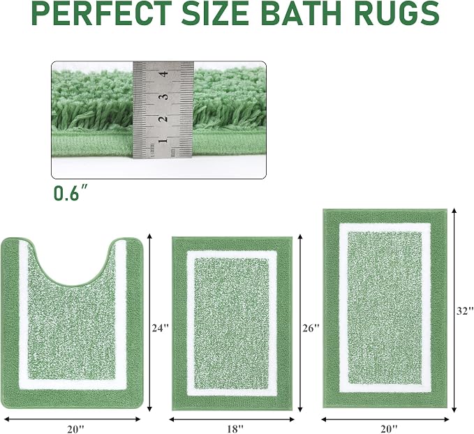 Pauwer 3 Piece Bathroom Rug Set, Non Slip Washable Bath Mat, Green | Soft Plush Microfiber, Super Absorbent Floor Carpet, U Shaped Toilet Mats, Quick Dry, Shaggy Shower Rugs Runners