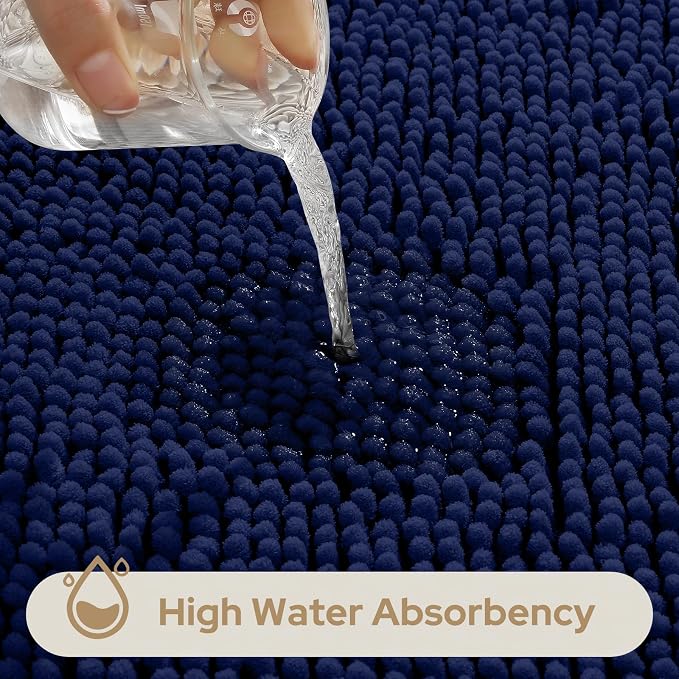 HOMEIDEAS Navy Blue Long Chenille Bathroom Rugs Set of 3, Non Slip Bath Mat | Super Absorbent, Soft Microfiber, Machine Washable, Stain Resistant, for Bathroom Decor