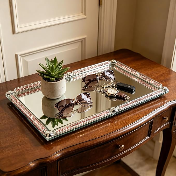 Large Mirror Perfume Tray for Dresser,Pink Crushed Diamond Filled Glass Vanity Tray,Decorative Bathroom Tray,Crystal Tray for Home Decorative,Party,Hotel Banquet,15.7x11.8x1.4inch,Pink