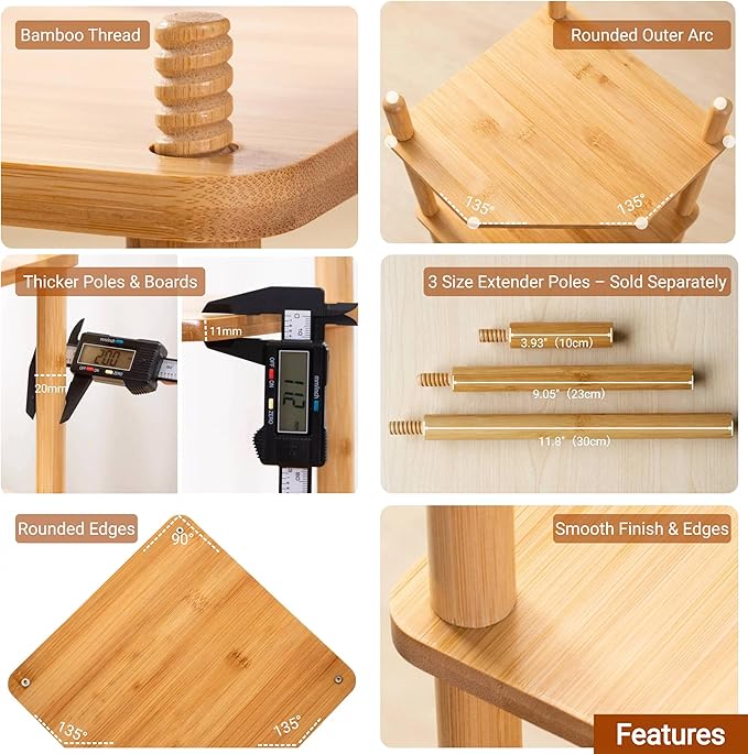 2-Tier Expandable Bamboo Corner Shelf - Dish/Plate Organizer for Cabinet, Kitchen Counter Shelf & Small Kitchen Shelf, Adjustable (6.7" H-Natural, 2-Tier)