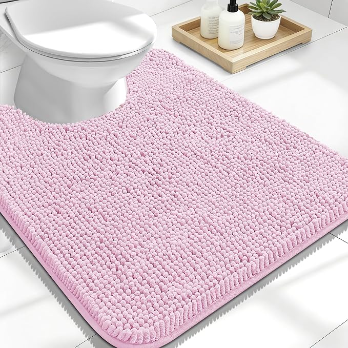 OLANLY Toilet Rugs U-Shaped 24x20, Soft Absorbent Chenille Contour Rugs | Pink, Quick-Drying Rubber Backing, Machine Washable Non-Slip Shaggy Bathroom Mat for Toilet, Home Decor Accessories