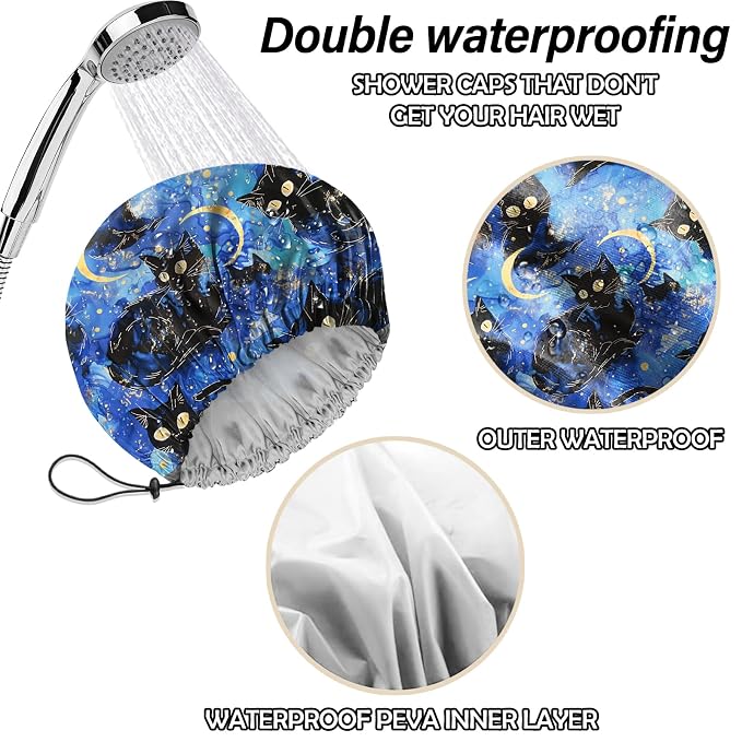2 PCS Shower Cap Reusable Waterproof Double Layers Hair Caps Shower Bath Adjustable Elastic Hat for Women Girls Cute Aesthetic-Flower Black Cat