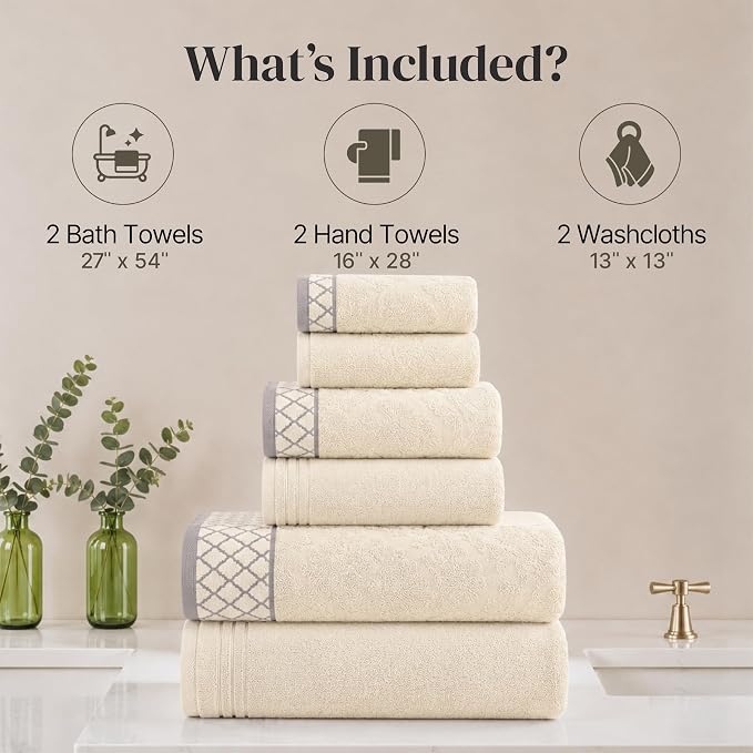 Modern Threads 6 Piece Cotton Bath Towel Set – Ultra Soft 550 GSM Towels – Bathroom Set with Hand Towels and Washcloths – Diamond Border (Ivory Cream)