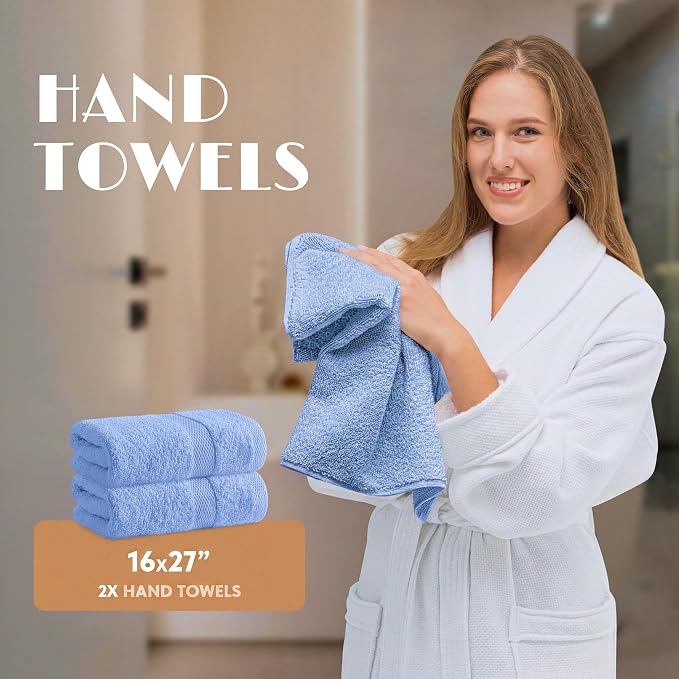 White Classic Light Blue Bath Towel Set of 6-100% Cotton Highly Absorbent Towels for Bathroom, 2 Luxury Bath Towels 650GSM, 2 Hand Towels, 2 Washcloths