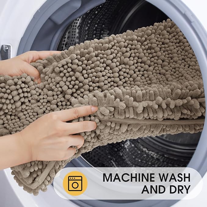 ACCUMTEK Upgrade Luxury Dark Beige Bathroom Rug Mat 32"x20", Ultra Soft Thick Absorbent Bath Mats, Non Slip Chenille Toilet Mat for Bathroom, Bedroom, Kitchen, Shower, Tub, Taupe