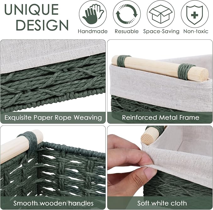 Wicker Storage Basket with Wooden Handle – Paper Rope Decorative Toilet Paper Baskets & Bathroom Organizer for Toilet Tank Top, Shelves, Bedroom, Countertop,Home,Office Storage Bins, 2 Pack,Dark Green