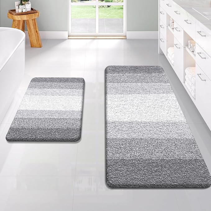 OLANLY Micorfiber Bathroom Rug Set 2 Piece, 47"x20"+24"x16" | Light Grey, Soft Absorbent Bath Rug Set, Non-Slip, Machine Wash Dry, Plush Shaggy Bath Mats for Bathroom