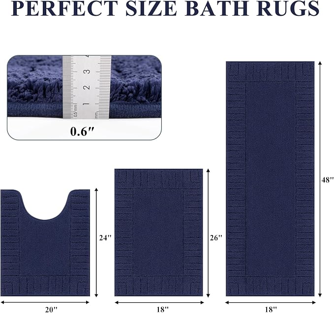 Pauwer Bathroom Rugs Sets 3 Piece, Microfiber Bath Mat Set, Navy Blue | Non Slip Washable, Soft Plush, Extra Absorbent Bath Mats, U Shaped Contour Toilet Rug for Bathroom