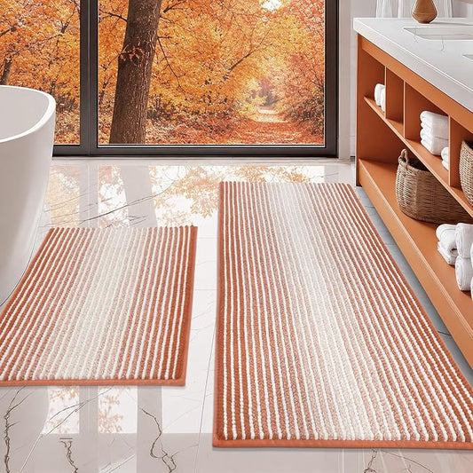 Bathroom Rugs Sets 2 Piece, Non Slip Striped Bath Mat, Light Orange | 20"x47" Plus 16"x24", Soft Absorbent Chenille, Quick Dry Machine Washable, Shower Rug for Bathroom Floor, Tub, Bedroom Decor