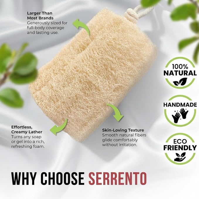 SERRENTO Loofah Body Scrubber Shower - Egyptian Luffa Sponge Pack of 3 Tan | Natural Egyptian plastic-free loofah gently exfoliate and cleanses skin while creating a rich lather for a refreshing shower