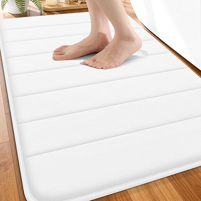 OLANLY Memory Foam Bath Mat 30x20, Super Soft and Absorbent Bathroom Rugs | White, Quick Dry Bath Rug, Machine Washable Shower Floor Mats, Bathmat Carpet for Bathroom Floor, Tub and Shower