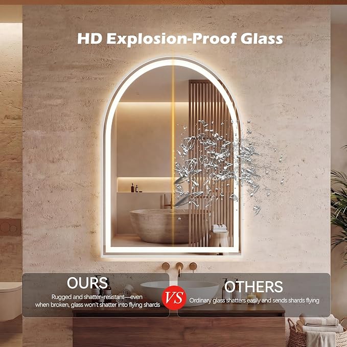 DUMOS 24"x32" LED Bathroom Mirror with Lights, Arched Vanity Mirror | Anti-Fog, Dimmable, 3-Color Light, Memory Function, Front Light and Backlit, Tempered Glass