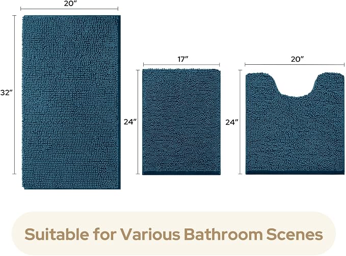HOMEIDEAS Atlantic Blue Chenille Bath Rugs Set of 3, Non Slip Bath Mat | Super Absorbent, Soft Microfiber, Machine Washable, Stain Resistant, for Bathroom Decor