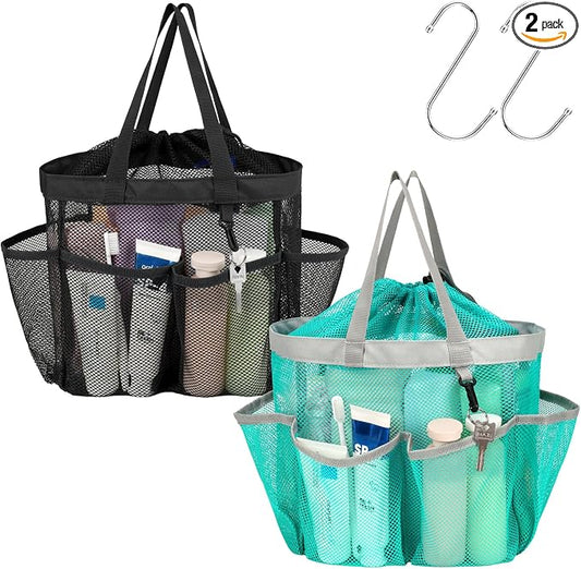 F-color Mesh Shower Caddy Portable with Drawstring - Large 8 Pockets Dorm Room Essentials for Guys Girls with S Hook, Shower Bag Basket Tote for College Camping Travel Bathroom, 2 Pack Black & Pink