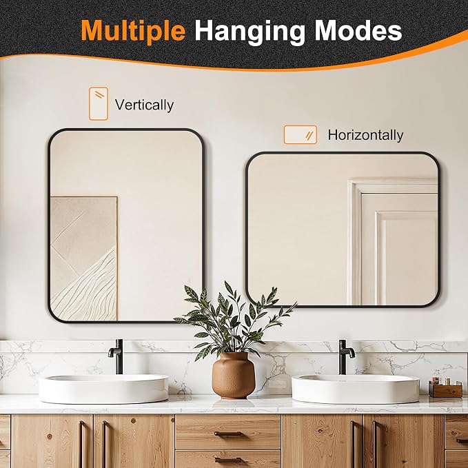 Delma Bathroom Vanity Mirror, Black Framed Mirror for Over Sink, 30x24 | HD glass, distortion-free for makeup and grooming, Sturdy frame, all mounting hardware, hangs horizontal or vertical