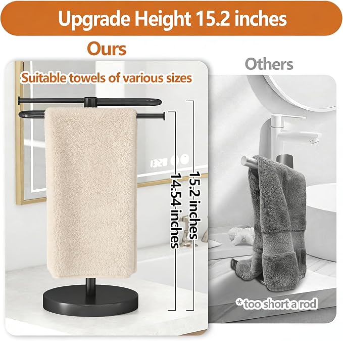 Bethom Hand Towel Holder for Bathroom Countertop, Weighted Base, Black | Stainless Steel 15.2 Inch Hand Towel Stand, S-Shape Towel Racks Holds 2 Towels