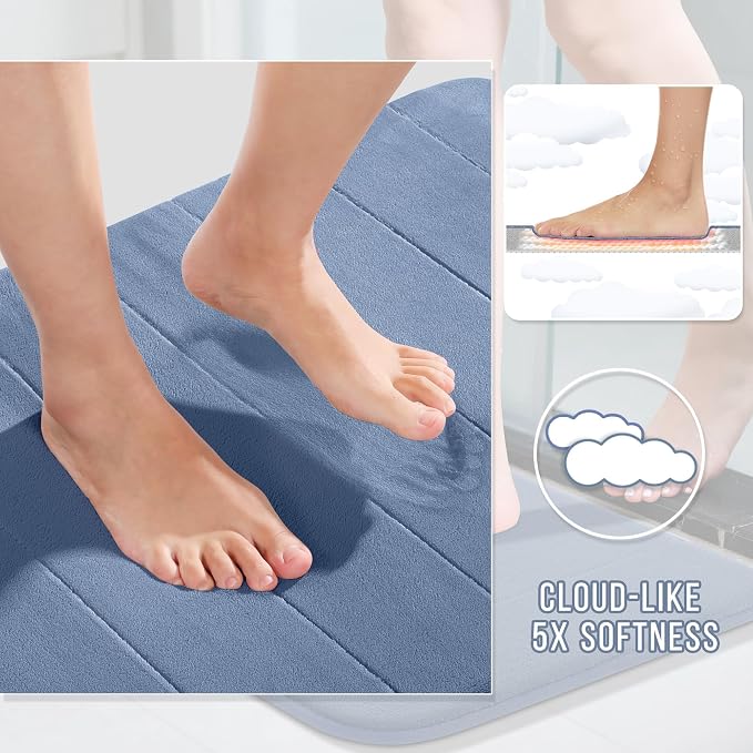 Yimobra Memory Foam Bathroom Rugs Sets 2 Piece - Super Soft Absorbent Quick Dry Bath Mat Set, Machine Washable Non Slip Floor Carpet for Tub Shower & Single Sink (17x24 & 31.5x20 Inch, Denim Blue)