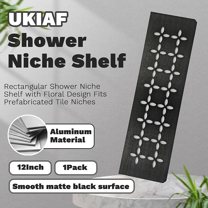 12 Inch Aluminum Brushed Black Shower Niche Shelf Rectangular Bathroom Niche Shelf with Floral Design Fits Prefabricated Tile Niches 1 Pack