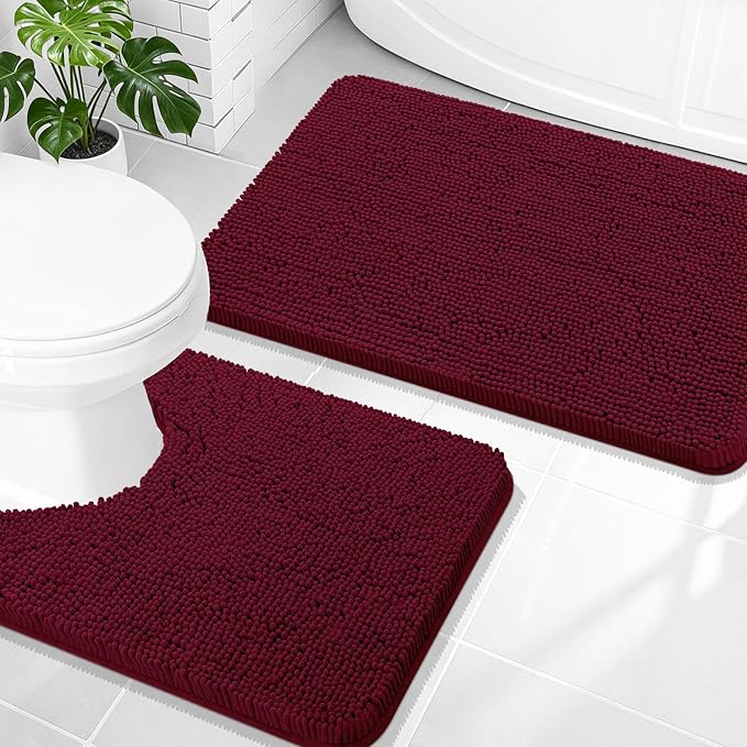 OLANLY Chenille Bathroom Rugs Mats Sets 2 Piece, 30"x20"+24"x20", Burgundy | Soft Absorbent Bath Mat and U-Shaped Contour Toilet Rug Set, Quick Dry, Machine Washable Bath Carpet, Home Decor Accessories