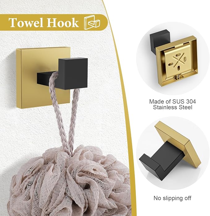 TURS 4-Piece Bathroom Hardware Set Black and Brushed Gold Towel Bar Holder Set Stainless Steel Bathroom Accessory Set Wall Mounted