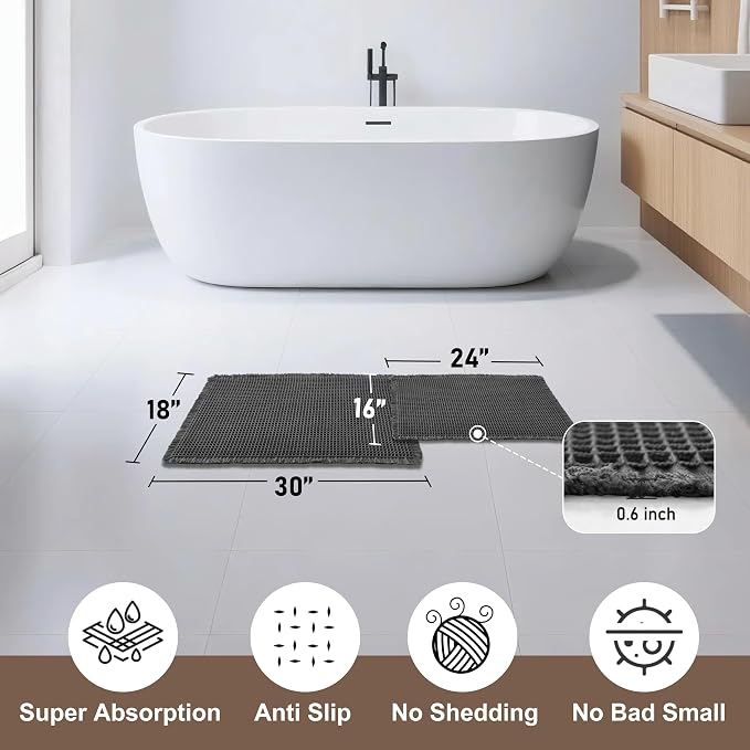 JIUZHEN Set of 2 Waffle Bath Mats Boho Bath Rugs 16"x24"+18"x30", Black | Non Slip, Super Absorbent, Washable, Ultra Soft, Fast Drying Waffle Bathroom Rugs for Bathroom Floor, Tub, Shower