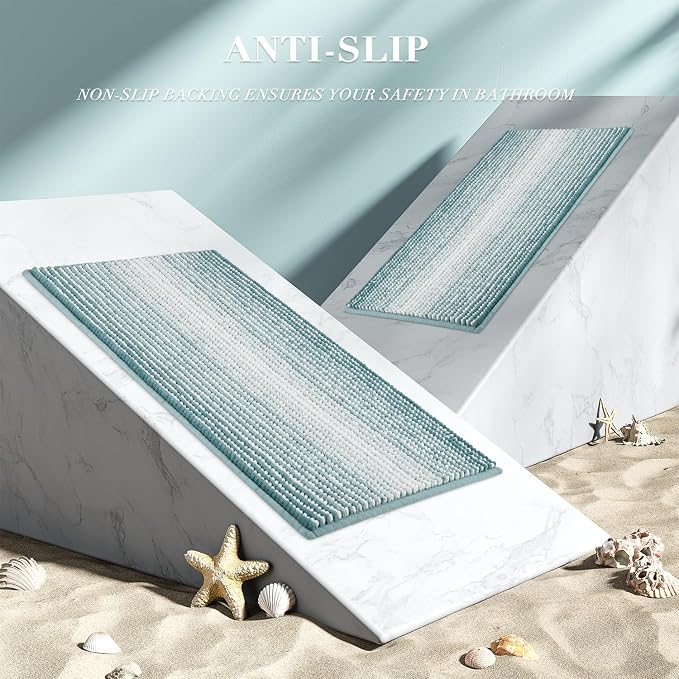 Bathroom Rugs Sets 2 Piece, Non Slip Striped Bath Mats, Sea Green | 20"x47" Plus 16"x24", Soft Absorbent Chenille, Quick Dry Machine Washable, Shower Rug for Bathroom Floor, Tub, Bedroom Decor