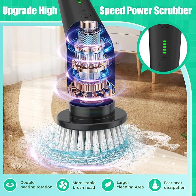 YKYI Electric Spin Scrubber, Cordless Power Cleaning Brush with Long Handle | 8 Brush Heads, 3 Handle Lengths, 2 Speeds, IPX7 Waterproof, 100-Minute Runtime for Tubs, Tile, Floors, Grout, Glass and Cars