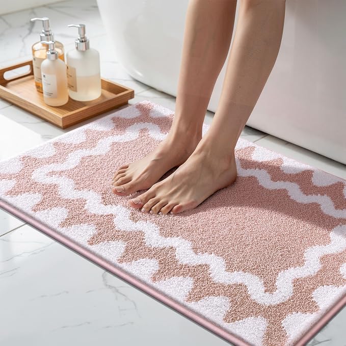 Findosom Bathroom Rugs Sets 3 Piece, Absorbent Soft Non-Slip Bath Rug Set | Washable Microfiber Shaggy Scalloped Bath Mat Set with Door Mat, U-Shaped Toilet Rugs, Shower Rug, Pink