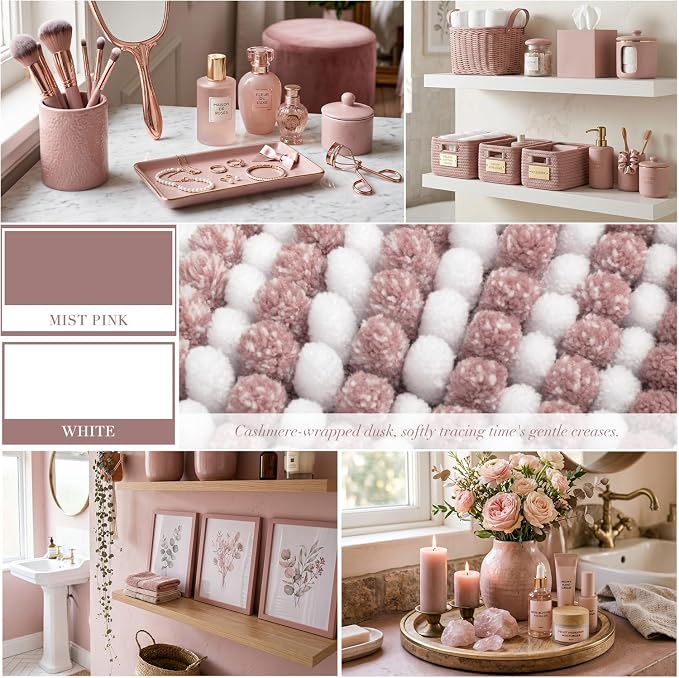 Bathroom Rugs Sets 2 Piece, Non Slip Striped Bath Mats, Mist Pink | 20"x47" Plus 16"x24", Soft Absorbent Chenille, Quick Dry Machine Washable, Shower Rug for Bathroom Floor, Tub, Bedroom Decor
