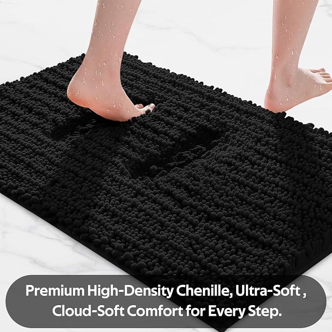 ACCUMTEK Upgrade Luxury 2 Piece Black Toilet Bathroom Rug Mat 60"x20"+32"x20", Ultra Soft Thick Absorbent Bath Mats, Non Slip Chenille Toilet Mat for Bathroom, Bedroom, Kitchen, Shower, Tub