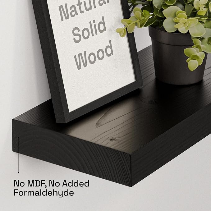BAOBAB WORKSHOP Solid Wood Floating Shelves for Wall 12 Inch Wide, Small Wooden Shelf Kitchen Bedroom, Bathroom Shelves for Room Wall Mounted, Black Shelf, 12W × 6.7D, Set of 2
