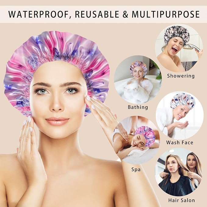 Shower Caps for Women, 4 PCS Reusable Waterproof Bath Cap | Double Layer, Washable, Wide Elastic Band, Holds Long Hair, Caps for Bath Accessories, Spa, Travel Home - Flower C