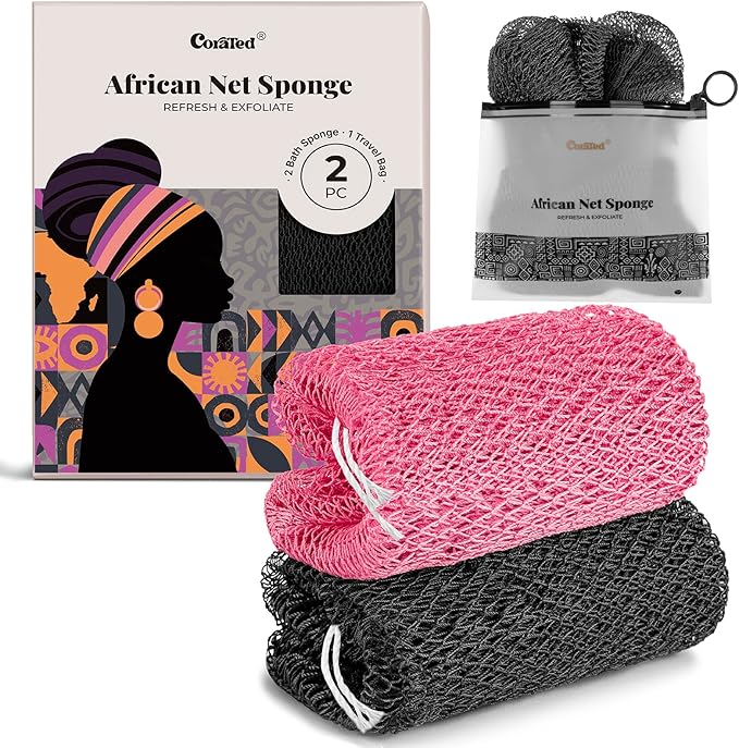 CORATED Authentic African Net Sponge with Knots, Shower Loofah Bath Sponge | Exfoliating Body Scrubber for Women and Men Daily Use Body Care, Travel Portable, Durable Bath Accessories for Bathroom