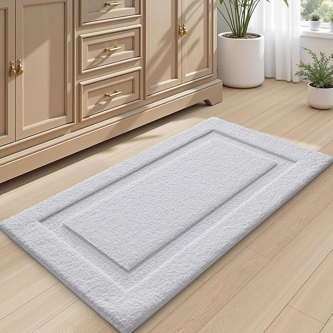 LUMI Large Bathroom Rugs Soft Absorbent, Non Slip Bath Mat 24x43, White | Machine Washable with Rubber Backing, Quick Dry, Premium Microfiber Plush Carpet for Bathtub and Shower Floor