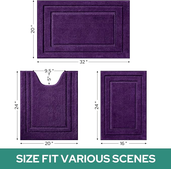 HOMEIDEAS Purple Bathroom Rugs Set of 3, Non Slip Bath Mats | Super Absorbent, Plush Microfiber, Machine Washable, Stain Resistant, Easy Care, Perfect for Modern Bathroom Decor