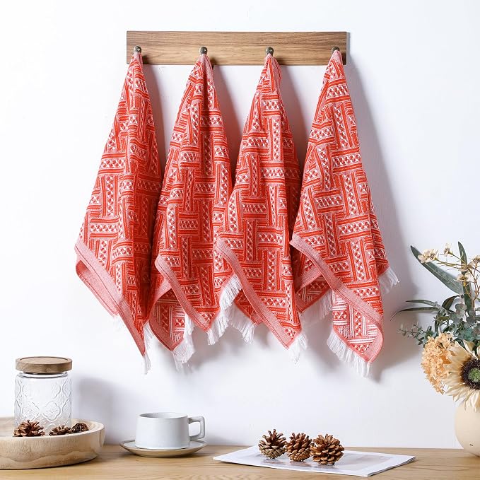HunnmingRe 4 Pack Boho Hand Towel for Bathroom Kitchen 14x30 Inch 100% Turkish Cotton Summer Boho Decorative Towel Waffle Farmhouse Bathroom Decor Absorbent Soft Guest Gift(Red Orange,White)